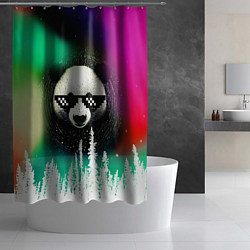 Шторка для душа Панда в очках на фоне северного сияния и леса, цвет: 3D-принт — фото 2