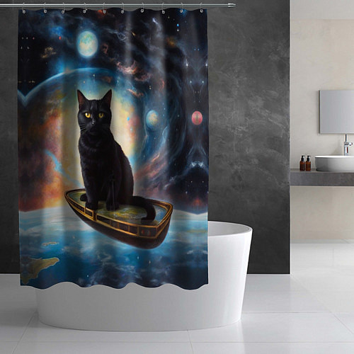 Шторка для ванной Черный кот на космическом корабле летящий в космос / 3D-принт – фото 2