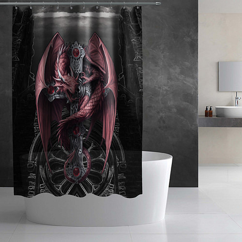 Шторка для ванной Красный кельтский дракон на готическом кресте / 3D-принт – фото 2