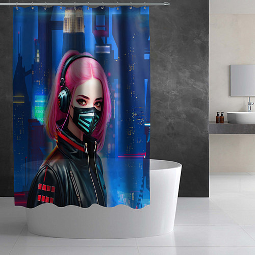 Шторка для ванной Девушка с розовыми волосами - киберпанк / 3D-принт – фото 2