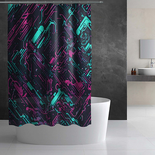 Шторка для ванной Киберпанк линии синие и розовые / 3D-принт – фото 2