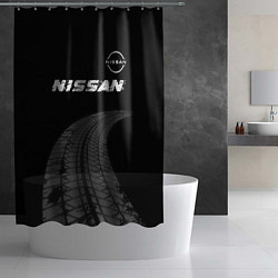 Шторка для душа Nissan speed на темном фоне со следами шин: символ, цвет: 3D-принт — фото 2