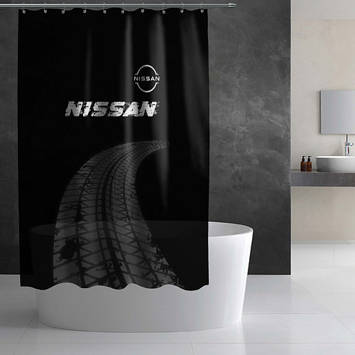 Шторка для ванной Nissan speed на темном фоне со следами шин: символ / 3D-принт – фото 2