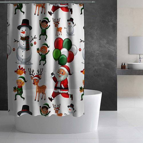 Шторка для ванной Зимний праздник - деды морозы гномы олени / 3D-принт – фото 2