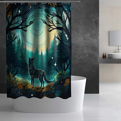 Шторка для ванной Волк в ночном лесу фолк-арт / 3D-принт – фото 2
