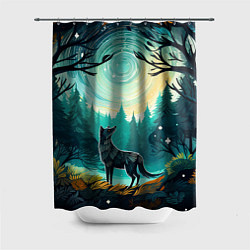 Шторка для душа Волк в ночном лесу фолк-арт, цвет: 3D-принт