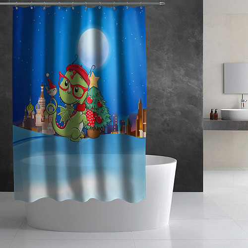Шторка для ванной Дракончик в очках у елки / 3D-принт – фото 2