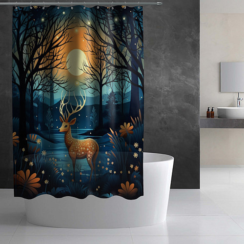 Шторка для ванной Олень в ночном лесу фолк-арт / 3D-принт – фото 2