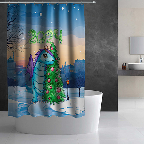 Шторка для ванной Дракон у елки 2024 / 3D-принт – фото 2