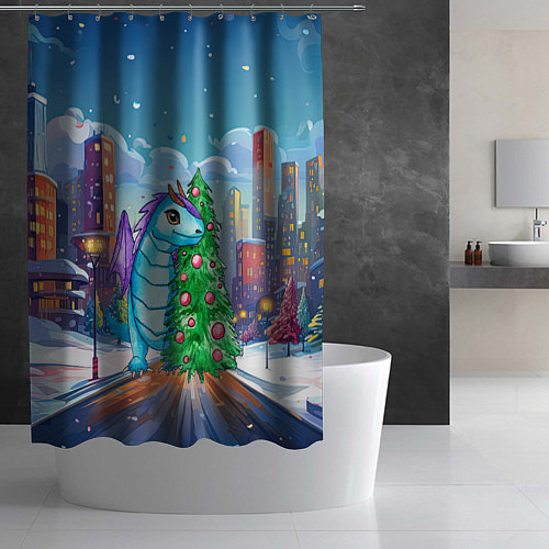 Шторка для ванной Дракон у новогодней елки / 3D-принт – фото 2