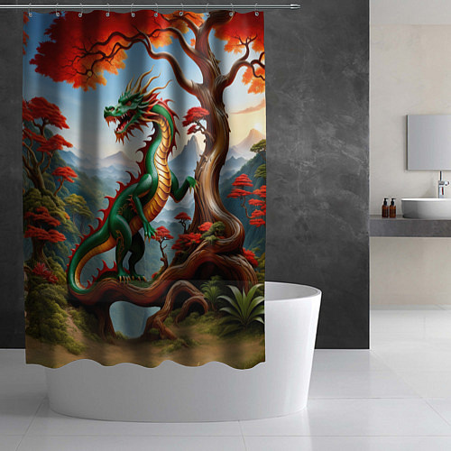 Шторка для ванной Зеленый деревянный дракон / 3D-принт – фото 2
