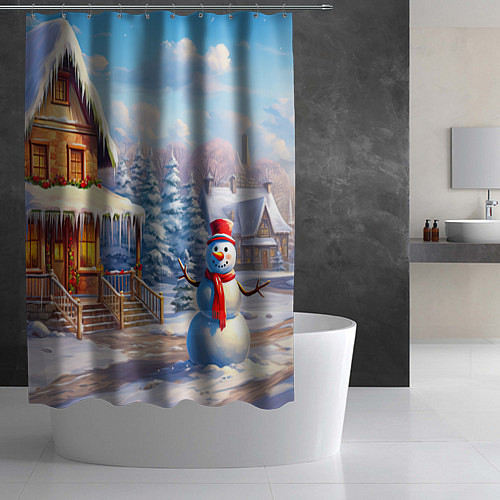 Шторка для ванной Новогодняя деревня и снеговик / 3D-принт – фото 2