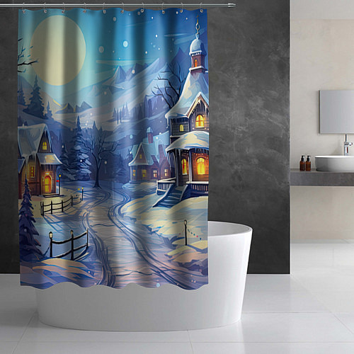 Шторка для ванной Зимняя новогодняя деревня / 3D-принт – фото 2