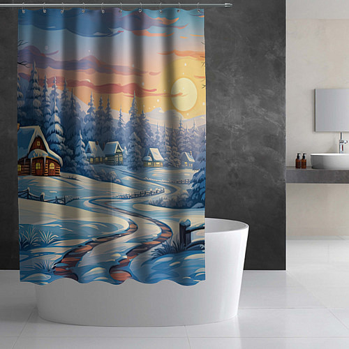 Шторка для ванной Новогодний пейзаж зимний / 3D-принт – фото 2