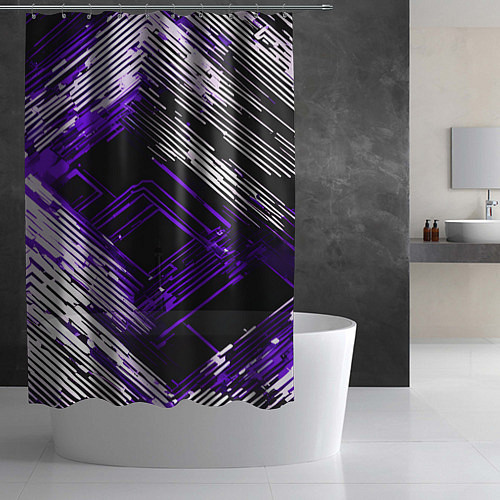 Шторка для ванной Киберпанк линии белые и фиолетовые / 3D-принт – фото 2
