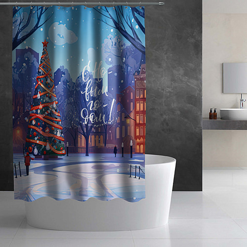 Шторка для ванной С новым годом зимний пейзаж / 3D-принт – фото 2