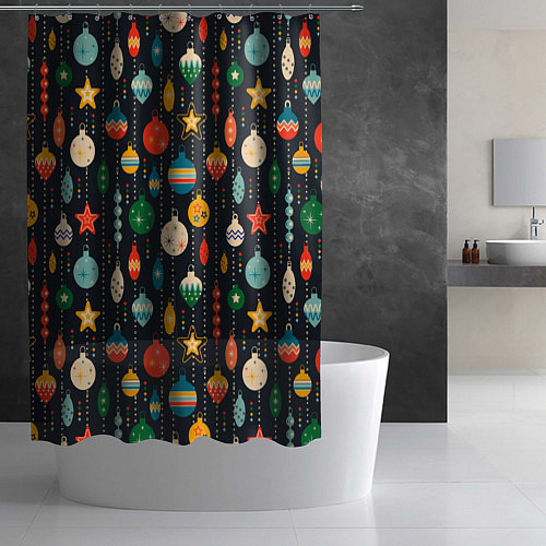 Шторка для ванной Новогодние ёлочные игрушки на черном фоне / 3D-принт – фото 2