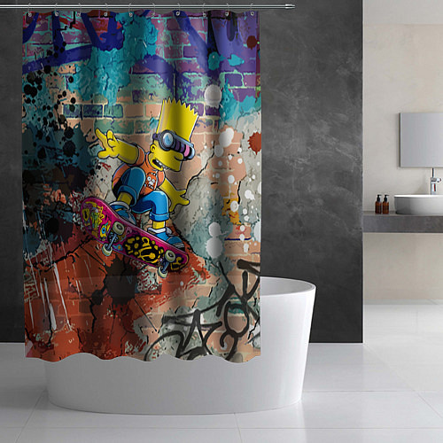 Шторка для ванной Барт Симпсон на скейтборде на фоне стены с граффит / 3D-принт – фото 2