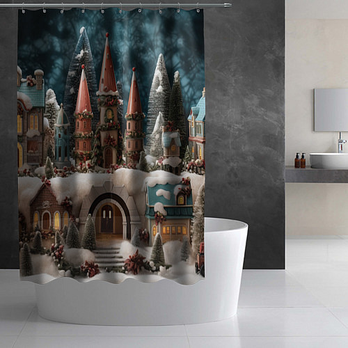 Шторка для ванной Деревенские домики зимой / 3D-принт – фото 2