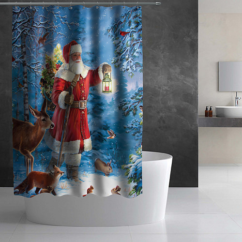 Шторка для ванной Дед Мороз в лесу с животными / 3D-принт – фото 2