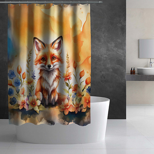 Шторка для ванной Рыжая лиса с цветами акварелью / 3D-принт – фото 2