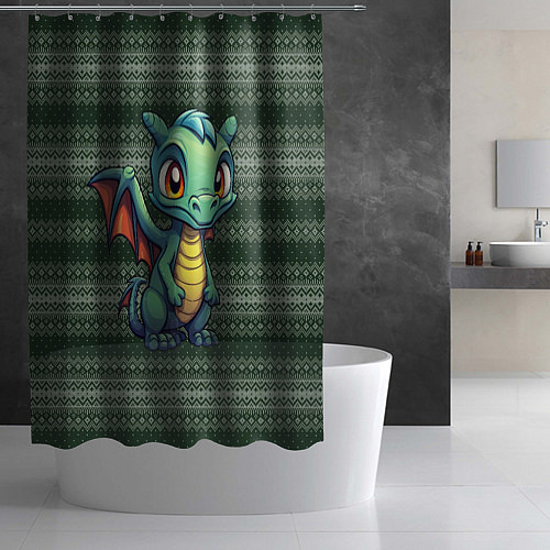 Шторка для ванной Зеленый дракон на вязанном фоне / 3D-принт – фото 2