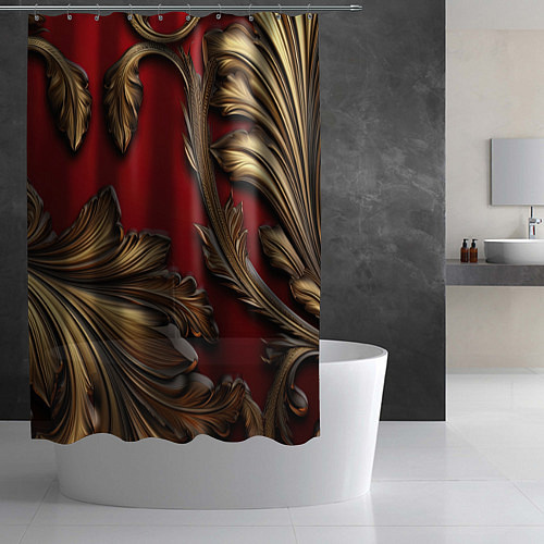 Шторка для ванной Золотые объемные листья на красном фоне / 3D-принт – фото 2
