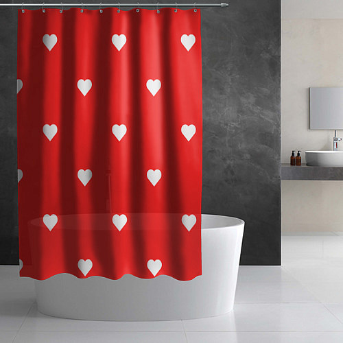 Шторка для ванной Белые сердца на красном фоне / 3D-принт – фото 2