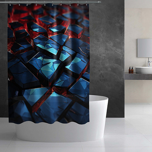 Шторка для ванной Синие абстрактные плиты и красное свечение / 3D-принт – фото 2