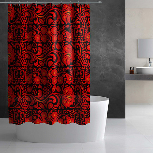 Шторка для ванной Хохломская роспись красные цветы и ягоды на чёрном / 3D-принт – фото 2