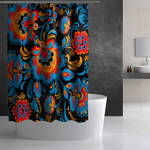 Шторка для ванной Хохломская роспись разноцветные цветы на чёроном ф / 3D-принт – фото 2