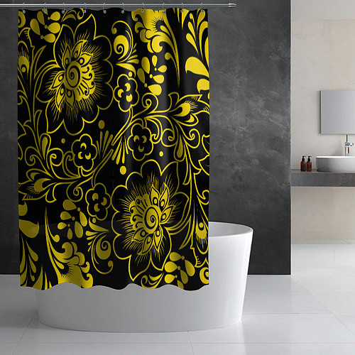 Шторка для ванной Хохломская роспись золотые цветы на чёроном фоне / 3D-принт – фото 2