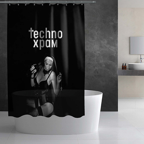 Шторка для ванной Techno храм монашка с бутылкой / 3D-принт – фото 2