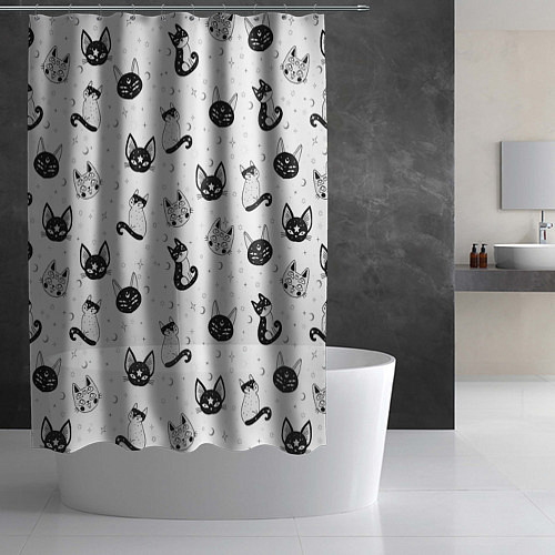 Шторка для ванной Черно-белые магические котики - паттерн / 3D-принт – фото 2