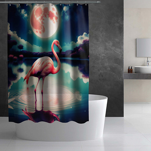 Шторка для ванной Розовый фламинго на фоне луны / 3D-принт – фото 2