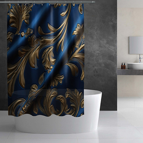 Шторка для ванной Лепнина узоры золотистые на синем фоне / 3D-принт – фото 2