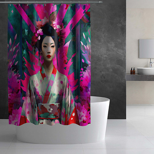 Шторка для ванной Сад сакуры - гейша в традиционном японском кимоно / 3D-принт – фото 2