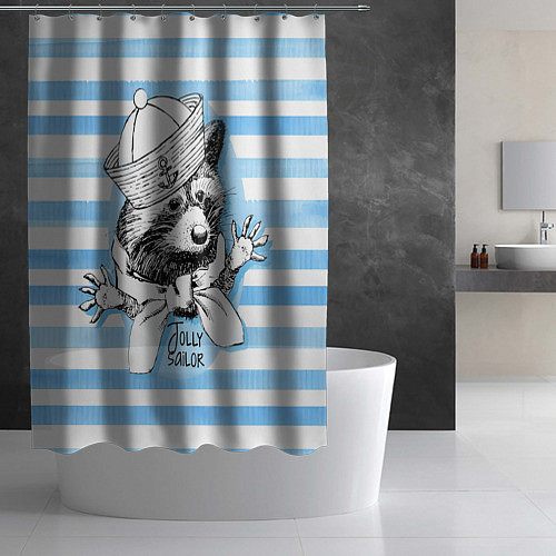 Шторка для ванной Енот моряк голубая полоска / 3D-принт – фото 2