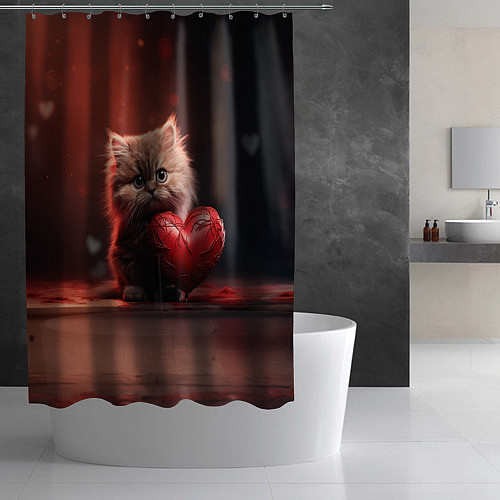 Шторка для ванной Пушистая кошечка с сердечком 14 февраля / 3D-принт – фото 2