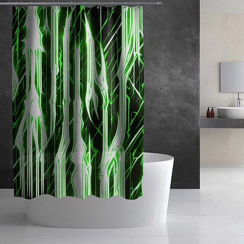 Шторка для ванной Зелёные неоновые полосы на чёрном фоне / 3D-принт – фото 2