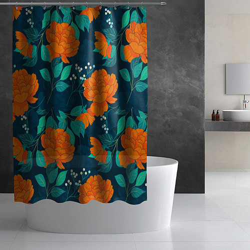 Шторка для ванной Паттерн с оранжевыми цветами / 3D-принт – фото 2
