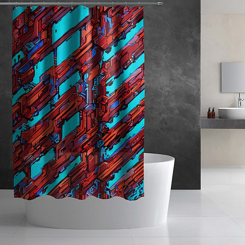 Шторка для ванной Красные фрагменты на голубом фоне / 3D-принт – фото 2