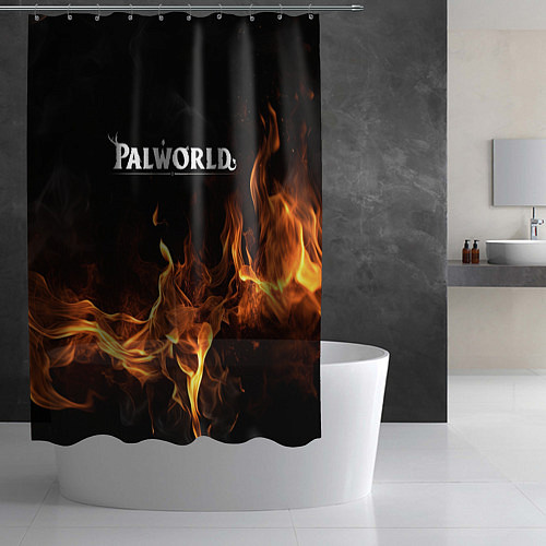 Шторка для ванной Palworld логотип на черном фоне с огнем / 3D-принт – фото 2