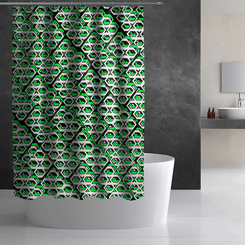 Шторка для ванной Зелёно-белый узор на чёрном фоне / 3D-принт – фото 2