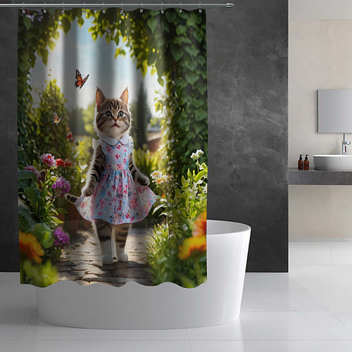 Шторка для ванной Кошка в летнем платье в саду / 3D-принт – фото 2