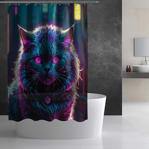 Шторка для ванной Кот киберпанк с розовыми глазами / 3D-принт – фото 2