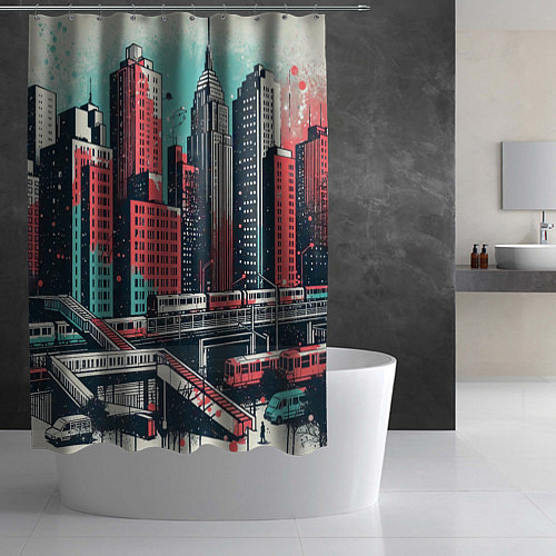 Шторка для ванной Силуэты небоскребов в брызгах красной и голубой кр / 3D-принт – фото 2