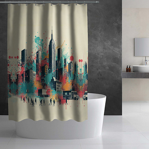 Шторка для ванной Силуэты людей и небоскребов в брызгах краски / 3D-принт – фото 2
