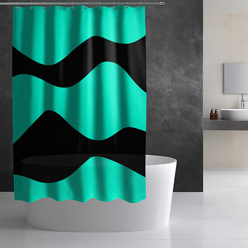 Шторка для ванной Бирюзовый в чёрные волнистые полосы абстракция / 3D-принт – фото 2