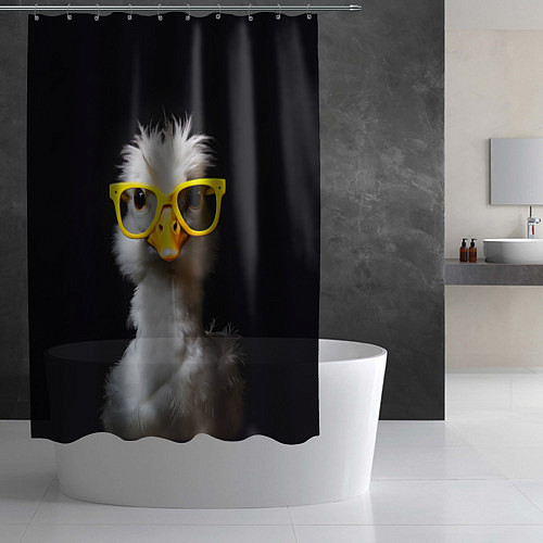 Шторка для ванной Белый гусь в желтых очках на черном фоне / 3D-принт – фото 2